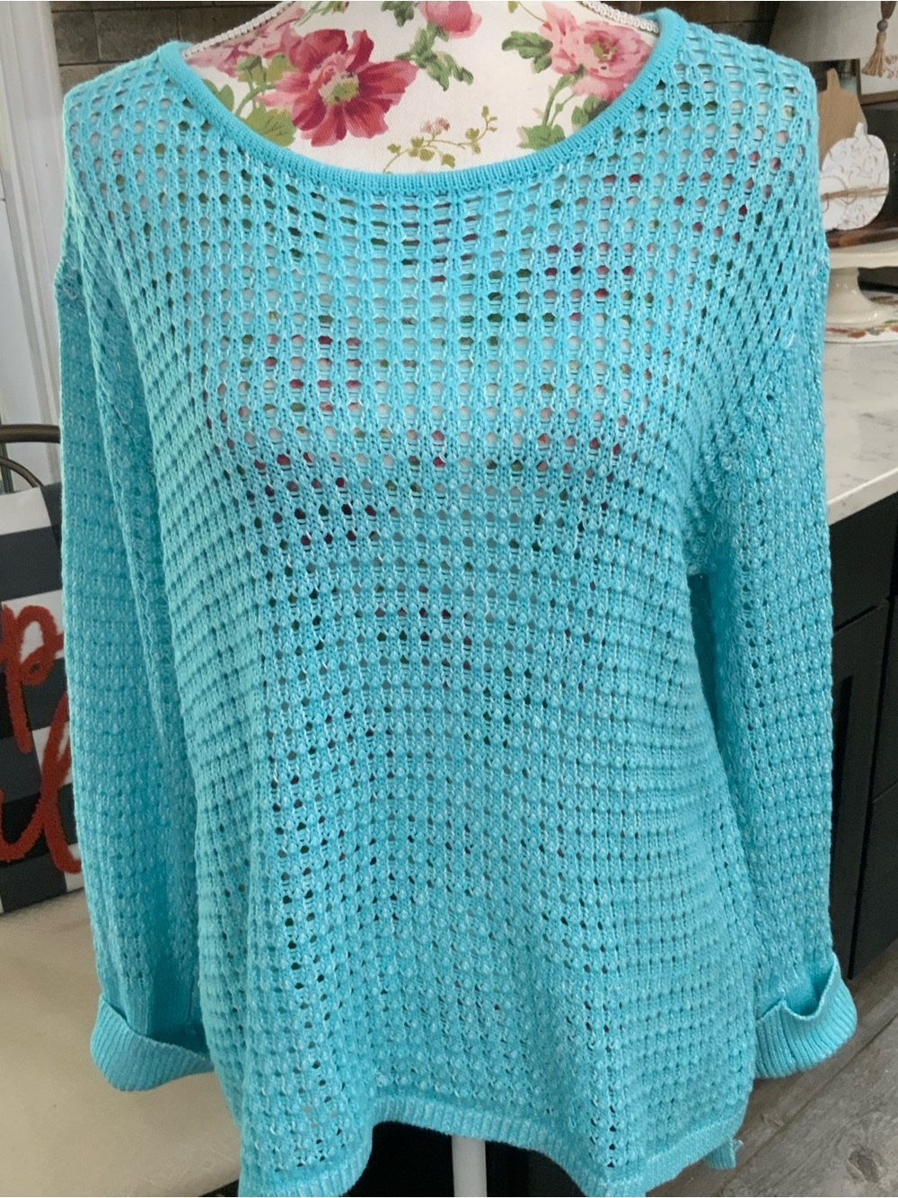 Lulu B Womens L Open Knit Crochet Pullover Tunic Sweater Turquoise Beach Preppy